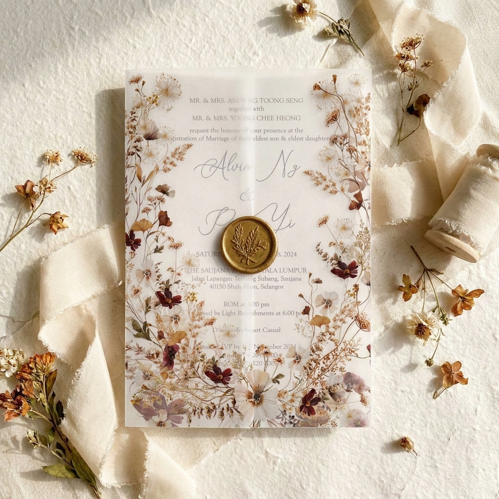 Wedding invitation with floral design and wax seal on a textured surface with dried flowers.