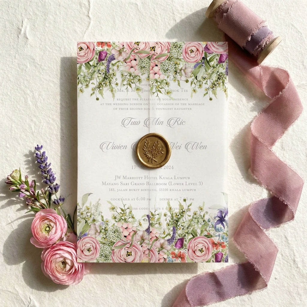 Floral wedding invitation with pink ribbon and flowers on a textured surface