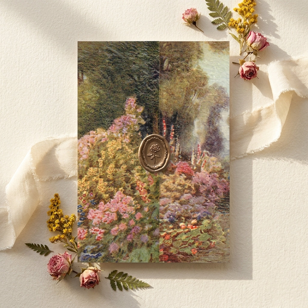 Vellum wedding card with floral design and a gold emblem on a light background with flowers.