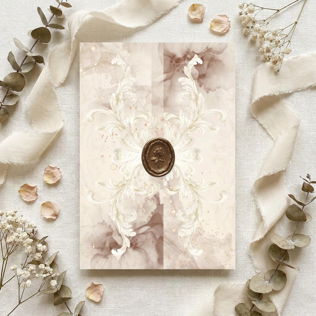 Invitation card with floral design and wax seal on a light background with decorative elements.