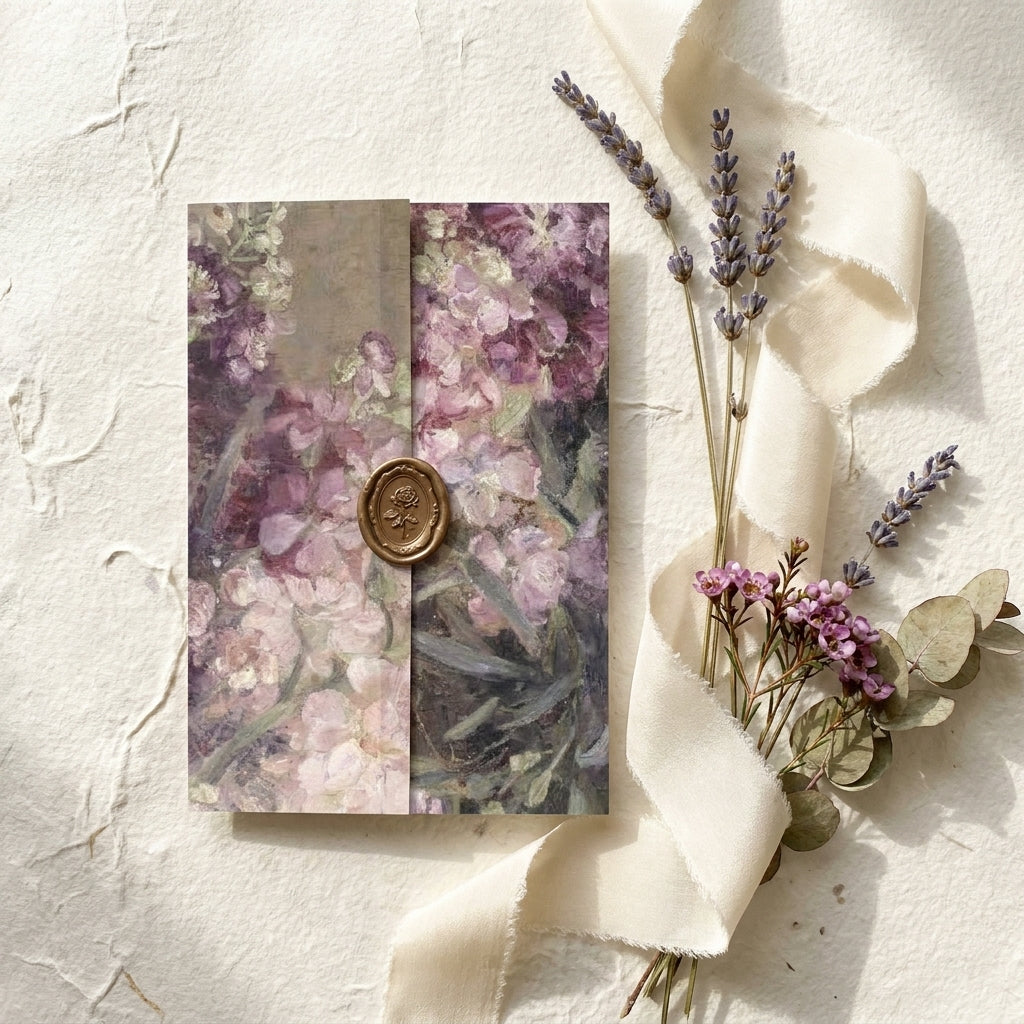 Floral wedding card with a gold wax seal on a textured surface with lavender and eucalyptus.