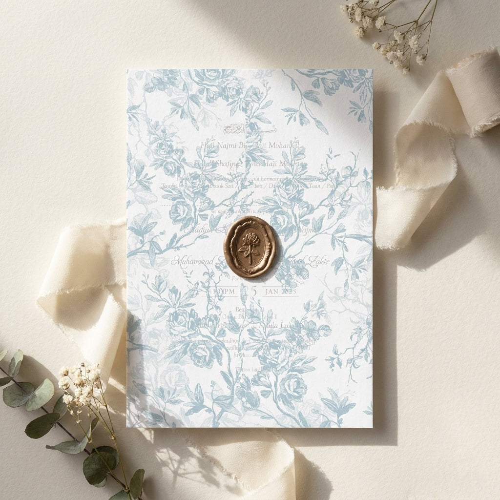 Floral patterned wedding card with a wax seal on a light background