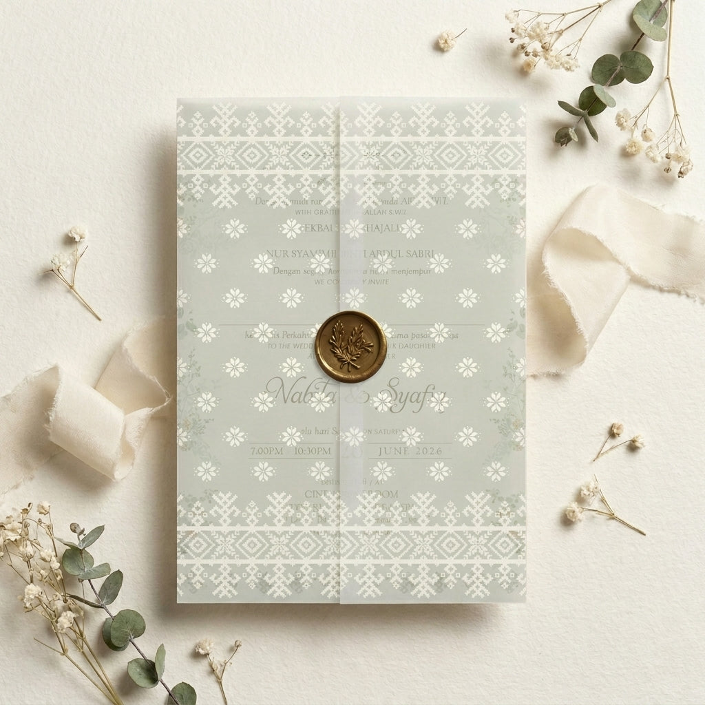 Sage green vellum wedding invitation with floral patterns on a light background