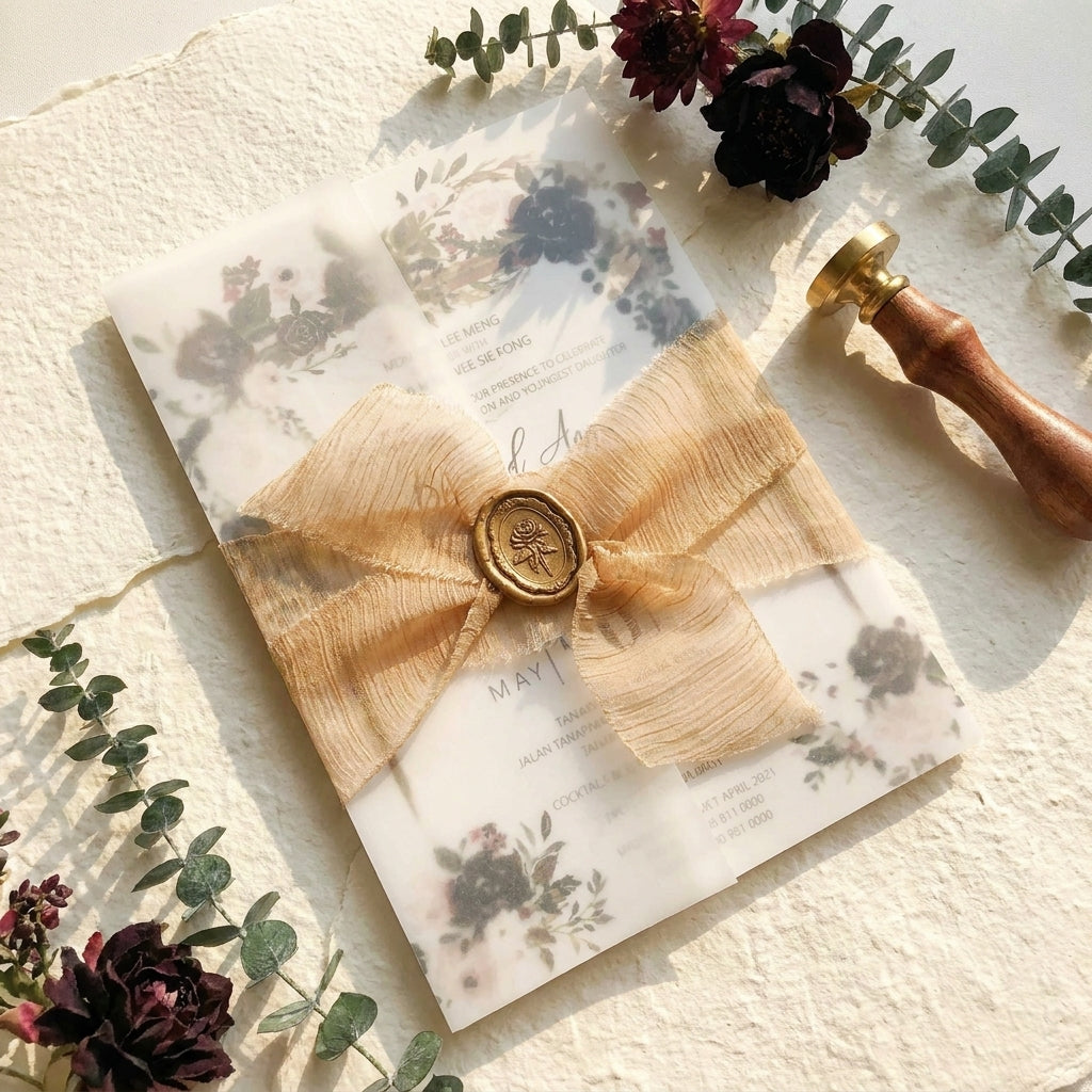 A chiffon ribbon wedding invitation provides a soft, ethereal, and organic aesthetic that perfectly complements elegant, fine-art, or bohemian wedding styles. Hand-frayed chiffon ribbons feature raw edges that add rich texture and motion to a stationary suite.