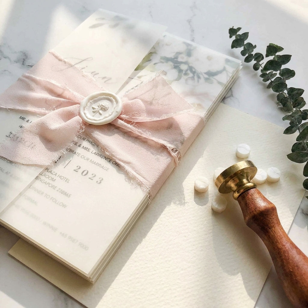 A chiffon ribbon wedding invitation provides a soft, ethereal, and organic aesthetic that perfectly complements elegant, fine-art, or bohemian wedding styles. Hand-frayed chiffon ribbons feature raw edges that add rich texture and motion to a stationary suite.