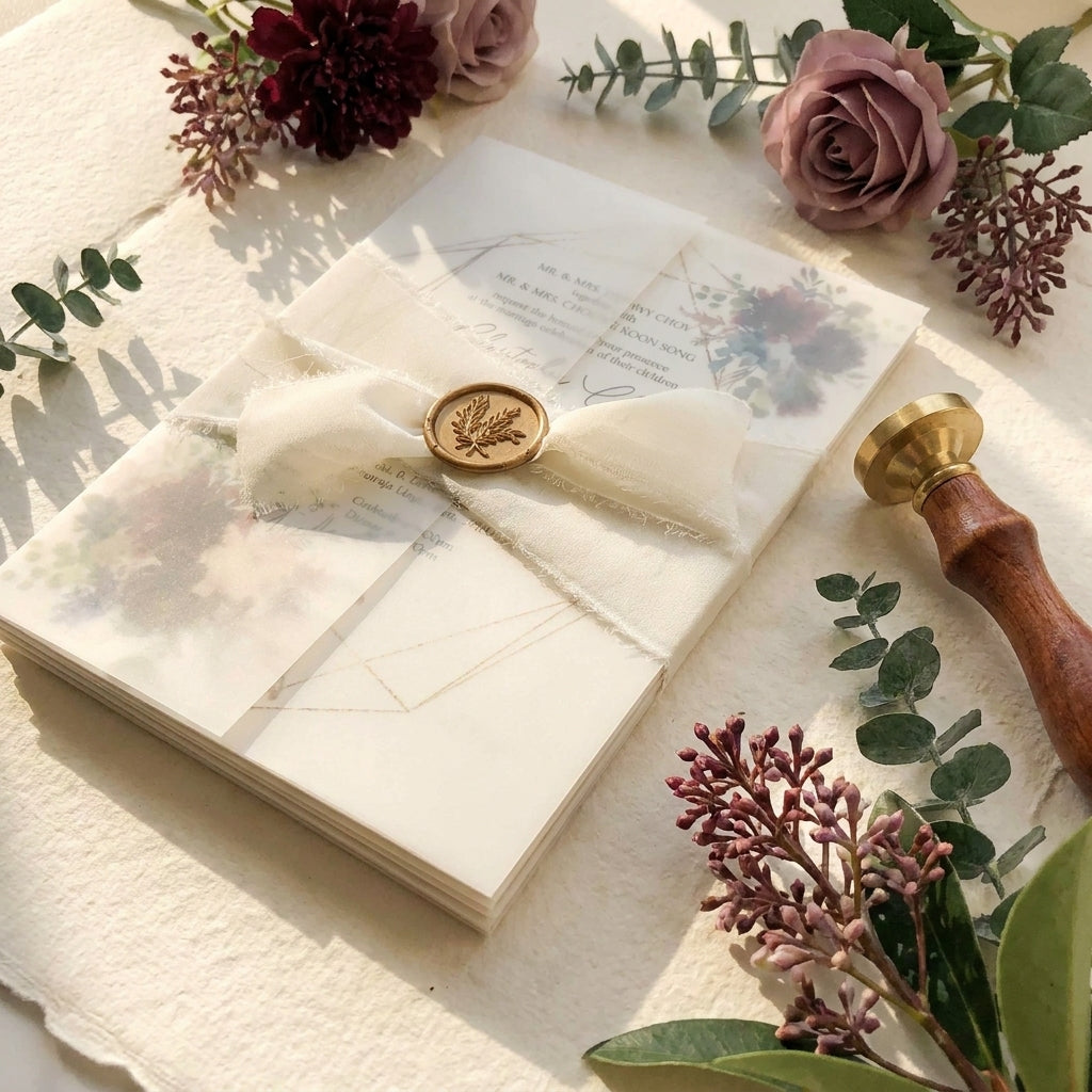 A chiffon ribbon wedding invitation provides a soft, ethereal, and organic aesthetic that perfectly complements elegant, fine-art, or bohemian wedding styles. Hand-frayed chiffon ribbons feature raw edges that add rich texture and motion to a stationary suite.