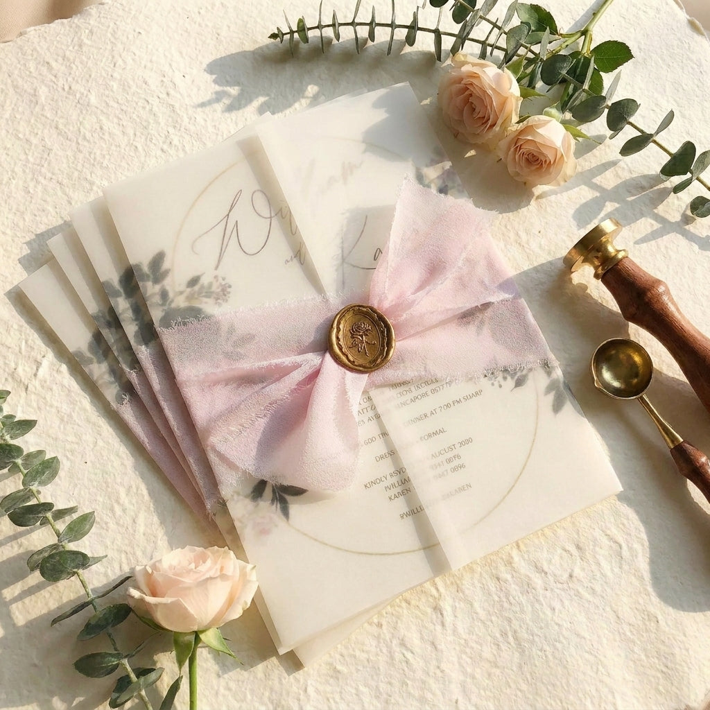 A chiffon ribbon wedding invitation provides a soft, ethereal, and organic aesthetic that perfectly complements elegant, fine-art, or bohemian wedding styles. Hand-frayed chiffon ribbons feature raw edges that add rich texture and motion to a stationary suite.