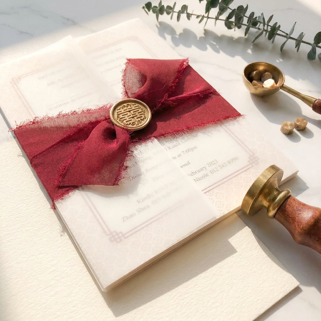 A chiffon ribbon wedding invitation provides a soft, ethereal, and organic aesthetic that perfectly complements elegant, fine-art, or bohemian wedding styles. Hand-frayed chiffon ribbons feature raw edges that add rich texture and motion to a stationary suite.