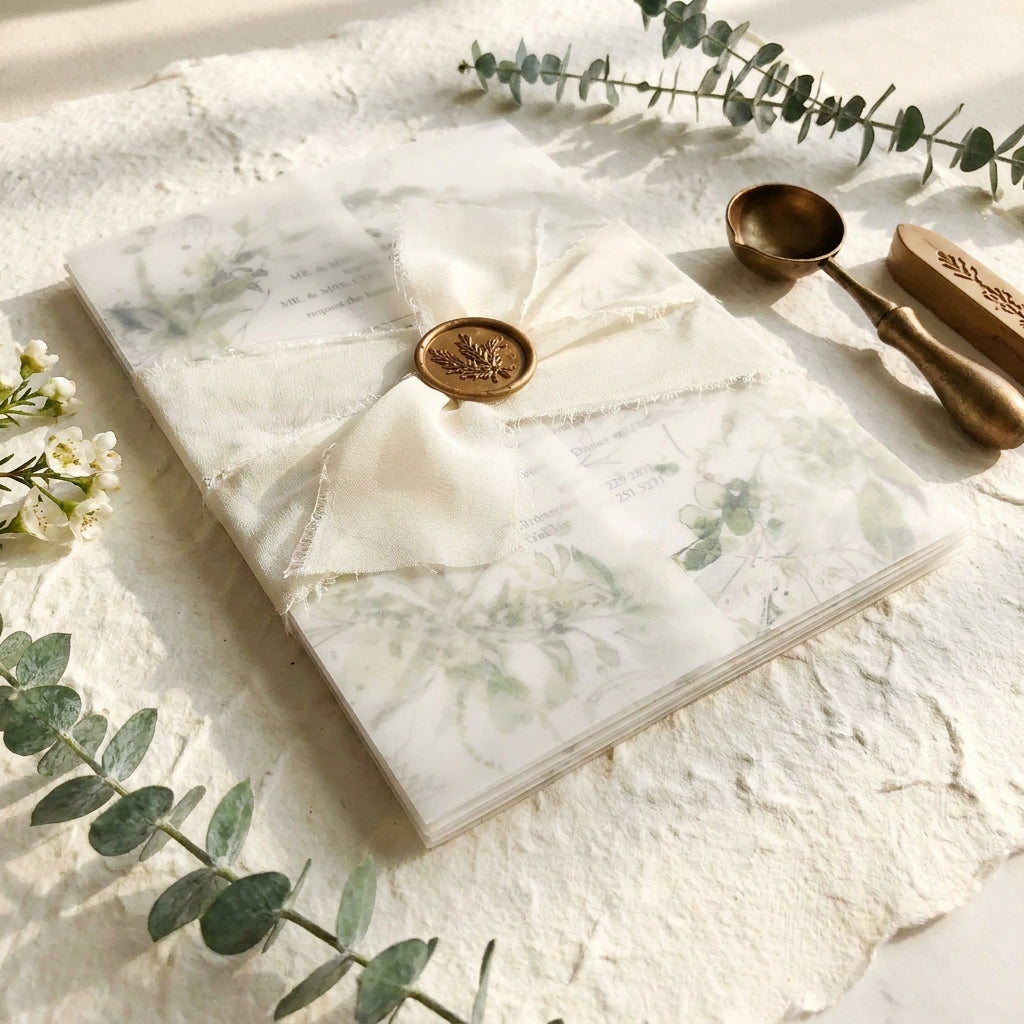 A chiffon ribbon wedding invitation provides a soft, ethereal, and organic aesthetic that perfectly complements elegant, fine-art, or bohemian wedding styles. Hand-frayed chiffon ribbons feature raw edges that add rich texture and motion to a stationary suite.