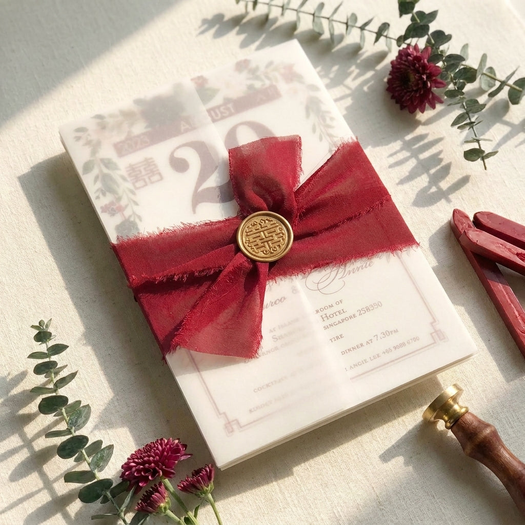A chiffon ribbon wedding invitation provides a soft, ethereal, and organic aesthetic that perfectly complements elegant, fine-art, or bohemian wedding styles. Hand-frayed chiffon ribbons feature raw edges that add rich texture and motion to a stationary suite.