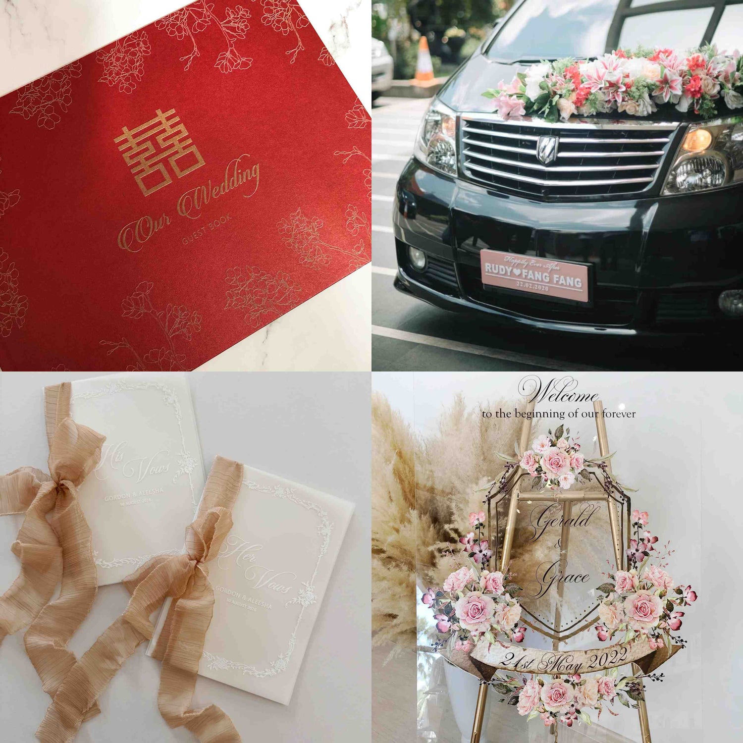 Collage of wedding-themed items including a red envelope, decorated car, ribbons, and floral decorations.